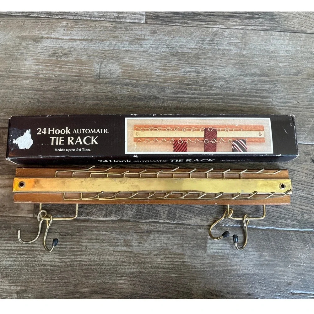 Vintage 24 Hook Automatic Tie Rack Wood Brass Wall Mount Closet Organizer set 2